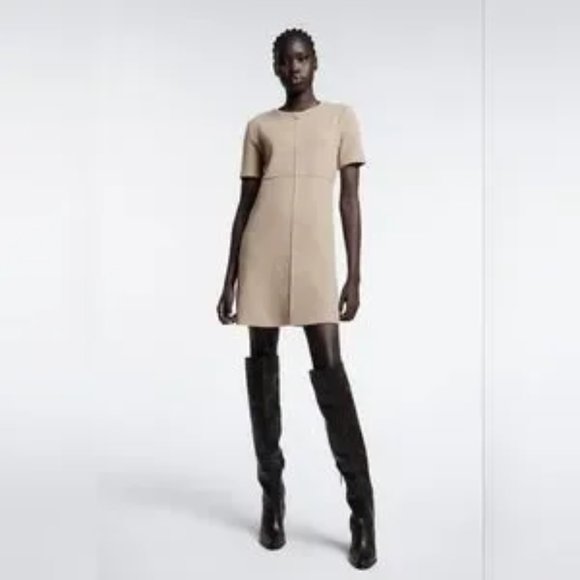Zara Short Sleeve‎ Sweater Mini Dress Cotton/Poly Blend Camel Sz S - NWT - Picture 1 of 11